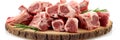 Studio lit pork and lamb shanks artfully arranged on wooden board, showcasing fresh meat