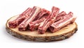 Studio lit raw pork and lamb shanks artfully arranged on wooden board for freshness and texture