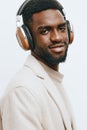 man guy music studio black background grey portrait headphones american african dj fashion