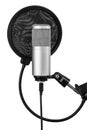 Studio microphone on the adjustable stand with a pop filter for an audio recording. Isolated on a white Royalty Free Stock Photo
