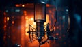 Studio microphone with blurred background and audio mixer musical instrument concept