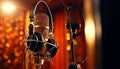 Studio microphone with blurred background and audio mixer musical instrument concept