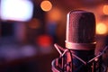 Studio microphone close-up with warm bokeh lights, capturing the essence of podcast recording Royalty Free Stock Photo