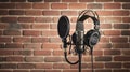 Studio Microphone and Headphones Against Brick Wall Background recording audio Royalty Free Stock Photo