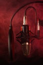 Studio microphone on mic stand against .Color disco background. Vocals and radios, podcasts, colored red smoke. Vertical photo Royalty Free Stock Photo