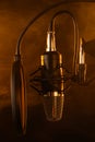 Studio microphone on mic stand against .Color disco background. Vocals and radios, podcasts, colored yellow smoke. Vertical photo Royalty Free Stock Photo