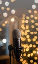 studio microphone in neon lights. sound recording equipment on bokeh background. Podcast,recording music concept Royalty Free Stock Photo