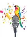 Studio microphone with a nightingale sitting on it, emitting song trills, on a white background Royalty Free Stock Photo