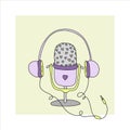 Studio microphone with podcast broadcast, flat cartoon style, media hosting doodle drawing.