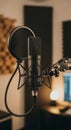 Studio Microphone with Pop Filter in Recording Booth Royalty Free Stock Photo