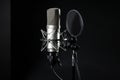 Studio microphone and pop shield on mic stand against gray background Royalty Free Stock Photo