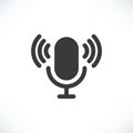 Studio Microphone simple icon. Black podcast radio sign, broadcast symbol. Retro microphone with sound wawes vector