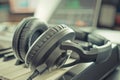 Studio Music headphone on music keyboard in a Home music studio DAW Royalty Free Stock Photo