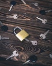 Studio photo of a lock with a broken key in it on a wooden background. Lots of other new keys around the lock Royalty Free Stock Photo