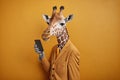 Studio photo portrait of a happy giraffe in business clothes with phone, c created with Generative AI technology Royalty Free Stock Photo