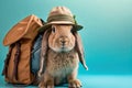 Studio photo portrait of a happy hare in tourist clothes, created with Generative AI technology