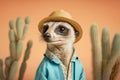 Studio photo portrait of a happy meerkat in tourist clothes, created with Generative AI technology Royalty Free Stock Photo