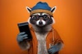 a happy raccoon in holding a phone, created with Generative AI technology Royalty Free Stock Photo