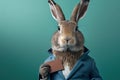 Studio photo portrait of a hare holding a phone, created with Generative AI technology