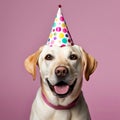 studio photograph captures a dog wearing a festive birthday hat against a solid pastel backdrop.