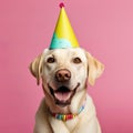 studio photograph captures a dog wearing a festive birthday hat against a solid pastel backdrop.