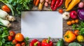 Healthy food backdrop and Copy space studio photography of white paper surrounded by fresh vegetables on wooden table Royalty Free Stock Photo