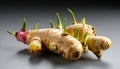 Multiple Ginger Roots with Numerous Green Sprouts on Gray Surface sprouting shoots Royalty Free Stock Photo