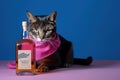 Studio photography of a cat with a bottle of vodka on colored backgrounds.