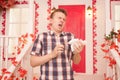 Studio picture from a young man with handkerchief. Sick guy has runny nose. man makes a cure for the common cold Royalty Free Stock Photo