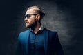 Studio portrait of bearded male dressed in a blue jacket and sunglasses. Royalty Free Stock Photo