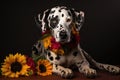 Studio portrait of a beautiful dalmatian dog with sunflowers