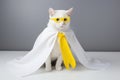 Studio portrait of a beautiful white cat wearing a yellow scarf on grey background.