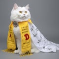 Studio portrait of a beautiful white cat wearing a yellow scarf on grey background.