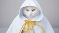 Studio portrait of a beautiful white cat wearing a yellow scarf on grey background.