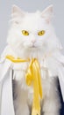 Studio portrait of a beautiful white cat wearing a yellow scarf on grey background.