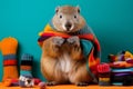 Studio portrait of a beaver wearing knitted hat, scarf and mittens. Colorful winter and cold weather concept