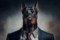 Studio portrait of bold angry doberman dog in suit white shirt and tie in sunglasses