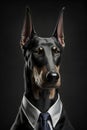 Studio portrait of bold angry doberman dog in suit white shirt and tie in sunglasses