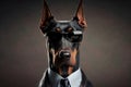 Studio portrait of bold angry doberman dog in suit white shirt and tie in sunglasses