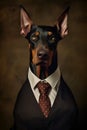 Studio portrait of bold angry doberman dog in suit white shirt and tie in sunglasses