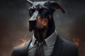 Studio portrait of bold angry doberman dog in suit white shirt and tie in sunglasses