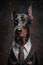 Studio portrait of bold angry doberman dog in suit white shirt and tie in sunglasses