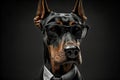 Studio portrait of bold angry doberman dog in suit white shirt and tie in sunglasses