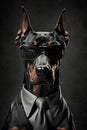 Studio portrait of bold angry doberman dog in suit white shirt and tie in sunglasses