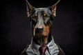 Studio portrait of bold angry doberman dog in suit white shirt and tie in sunglasses