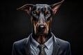 Studio portrait of bold angry doberman dog in suit white shirt and tie in sunglasses