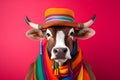 Studio portrait of a bull or cow wearing knitted hat, scarf and mittens. Colorful winter and cold weather concept Royalty Free Stock Photo