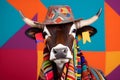 Studio portrait of a bull or cow wearing knitted hat, scarf and mittens. Colorful winter and cold weather concept Royalty Free Stock Photo