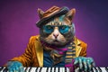 a cat dressed as a jazzman playing pianino, created with Generative AI technology