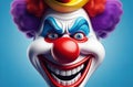 studio portrait of a clown on plain blue studio background, good for 1 april fool& x27;s day banner, space for text Royalty Free Stock Photo